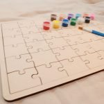 Wooden puzzle, untreated blank puzzle to paint yourself, raw puzzle pieces, with paints and brushes, 42 pieces from 3+ Plus