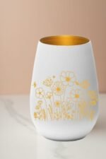 Windlicht mit Wildblumen Motiv, Weiß Gold