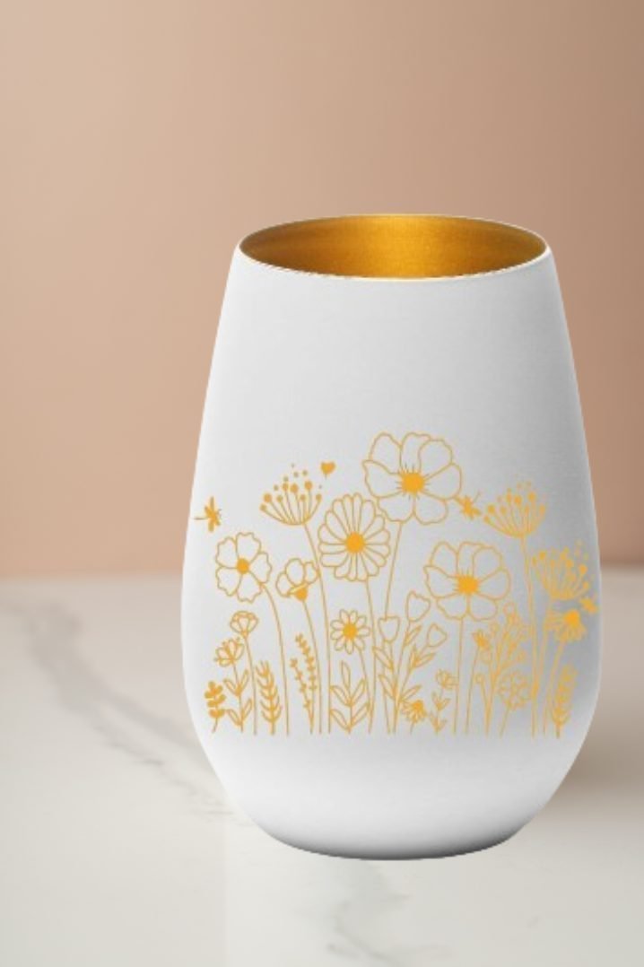 Windlicht mit Wildblumen Motiv, Weiß Gold