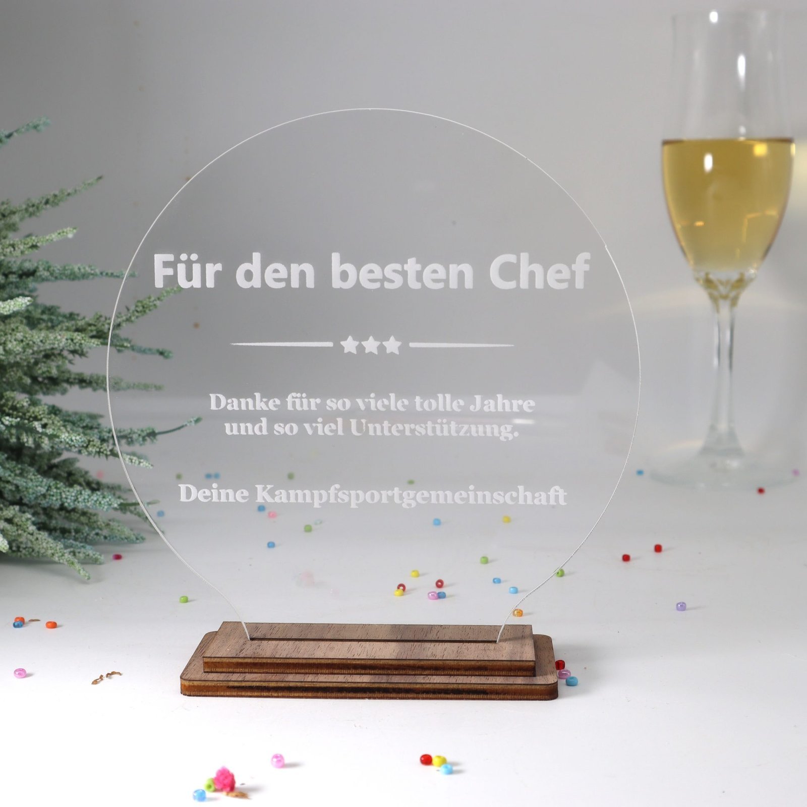 IMG_8055.jpg Moderne edle runde Trophäe, personalisierter eigener Text oder Logo, wertvolles Nussbaum Holz und Acryl - Medaille - Pokal - Auszeichnung – Bild 1