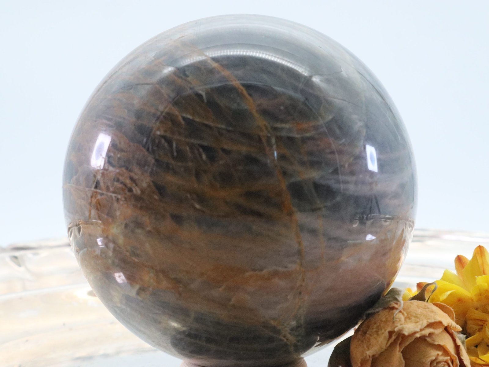 Große Schwarze Mondstein Edelsteinkugel mit wunderbarem Farbspiel