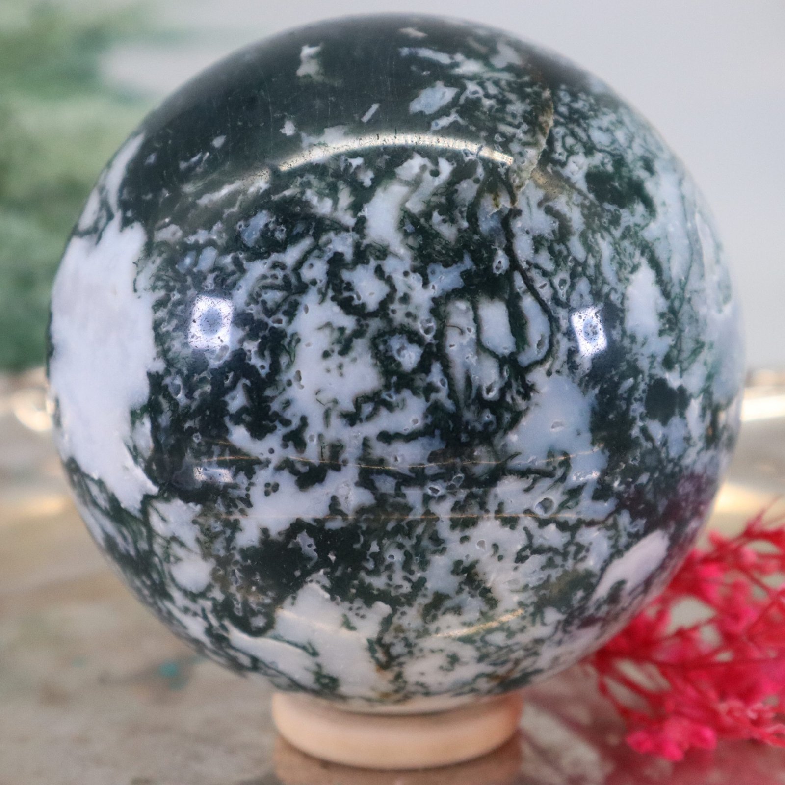 Dunkel Grüne Moosachat Edelsteinkugel, 79mm