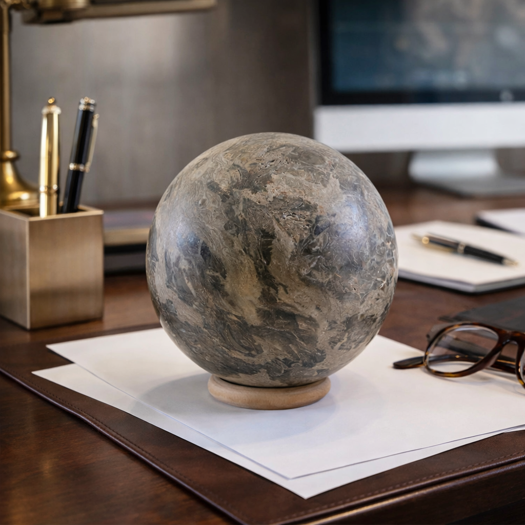 Copilot_20260720_132545 Premium Büro Geschenk Deko & Design Objekt - Edelsteinkugel Muschelkalk - Moderne Einrichtung - Fossilien Briefbeschwerer für Büro – Bild 1